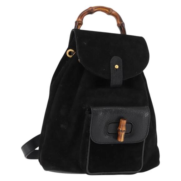 GUCCI Bamboo Backpack Suede Leather Black Auth BA6791 main image 16